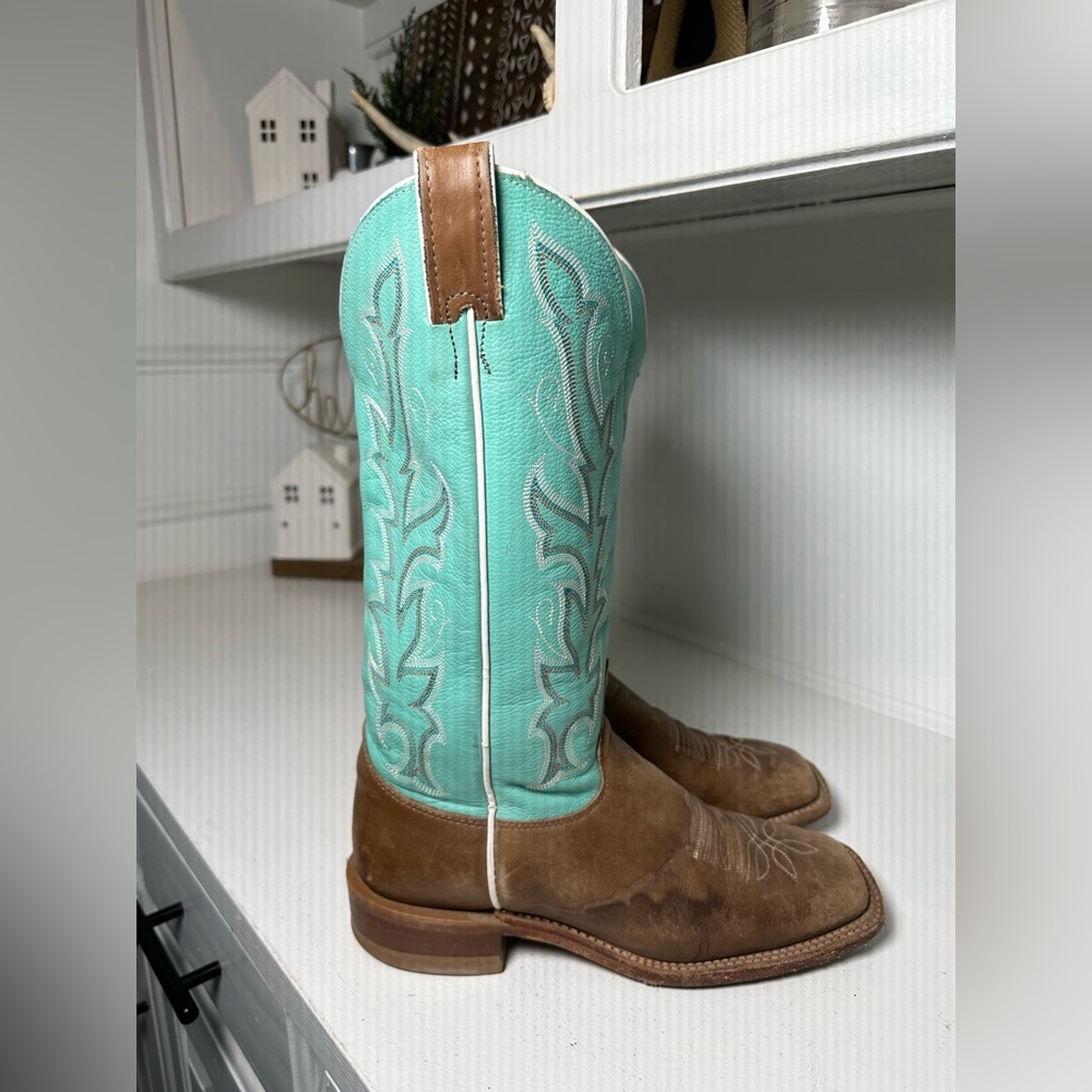 Justin Women’s 8B Cowboy Boots Brown Leather & Turquoise Western Handmade USA - Picture 5 of 9